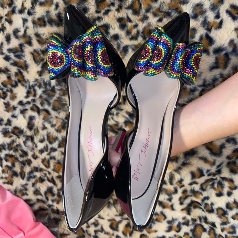 Betsey Johnson Black Heels with Multicolor Beaded Bow